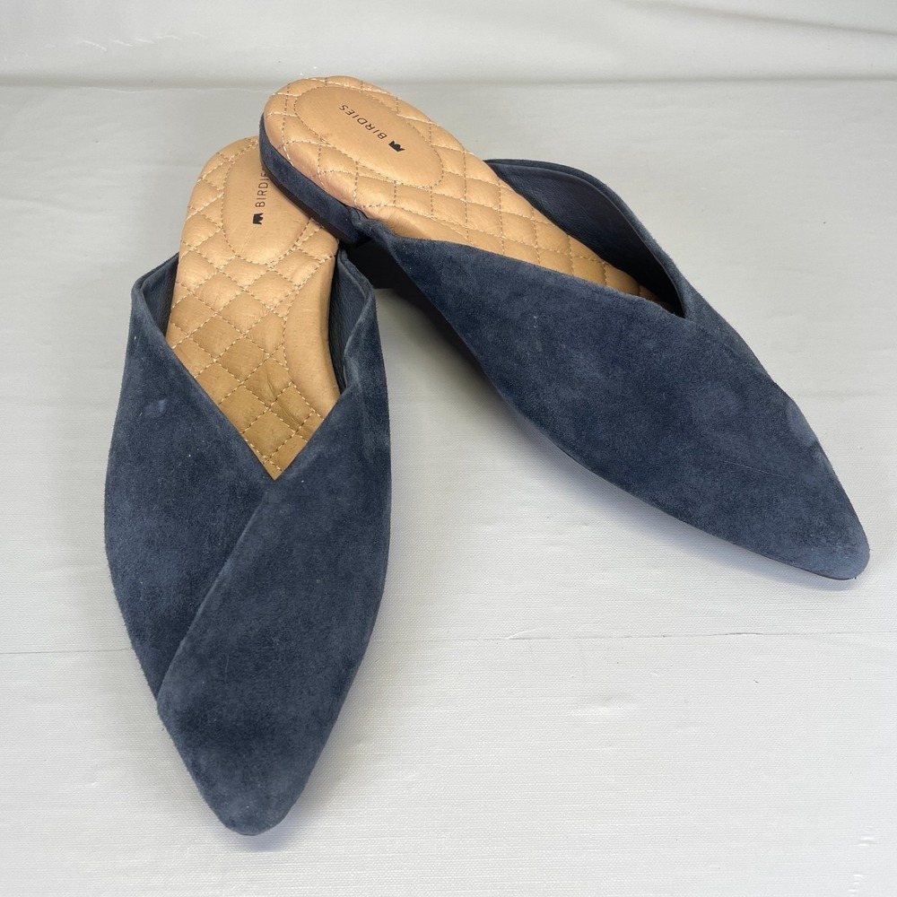 Birdies The Swan Mule Shoes Womens Size 10.5 Navy Blue Suede Slip On Pointed Toe